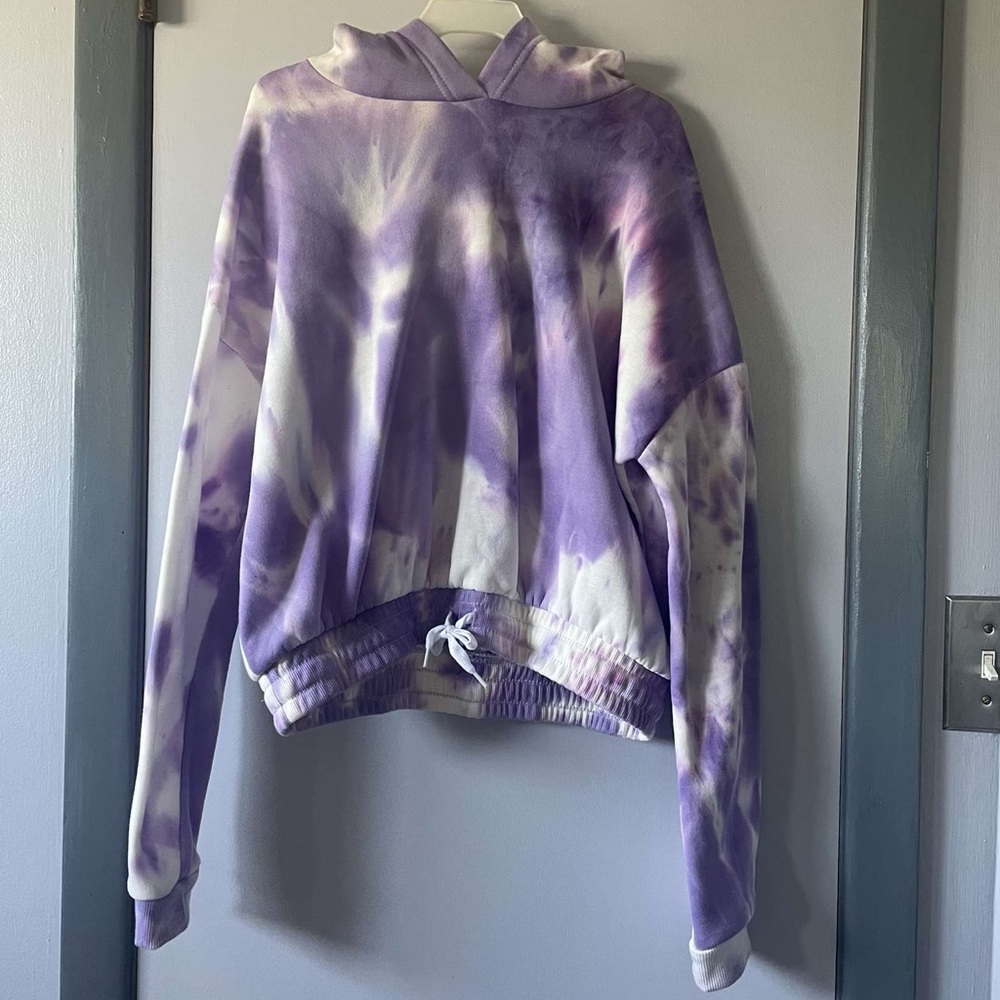 Purple tye dye hoodie with colorful butterflies